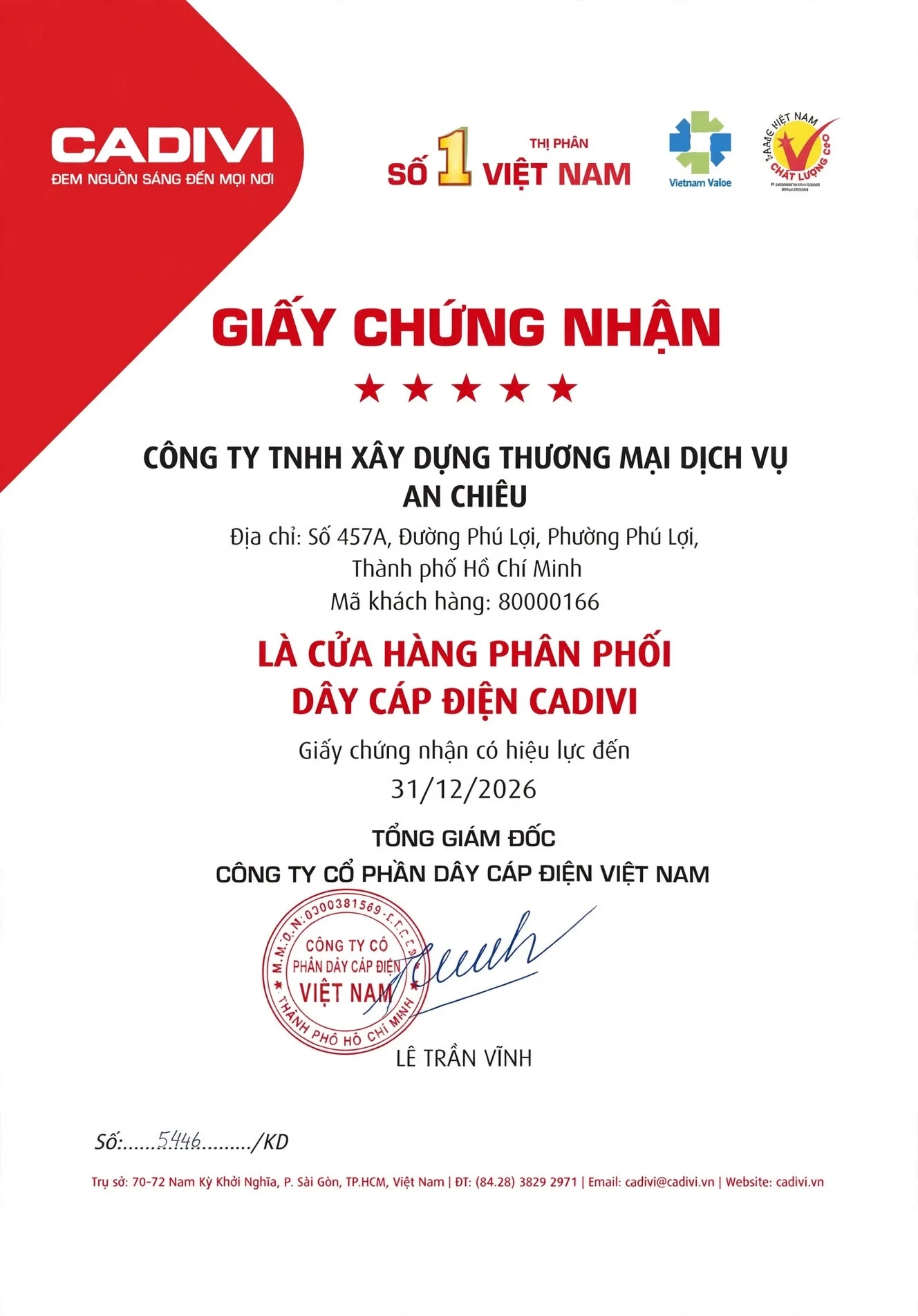 Giấy chứng nhận An Chiêu là cửa hàng phân phối dây cáp điện CADIVI, có hiệu lực đến 31/12/2026